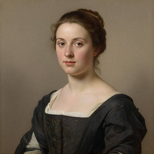 18th-century oil painting of a fair-skinned woman with dark brown hair in an updo, wearing a black dress with a white undershirt
