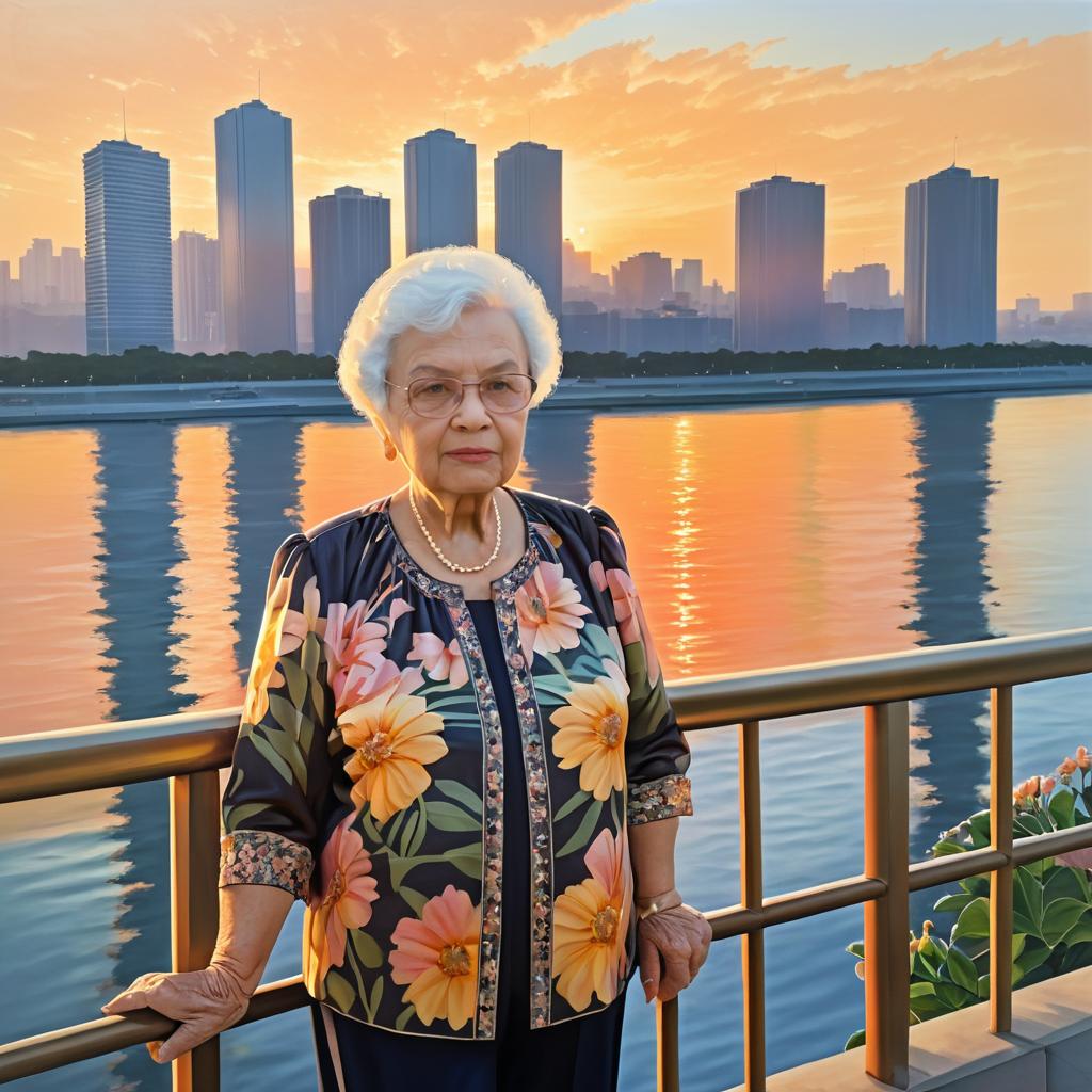 Elderly Woman by City Skyline at Sunset