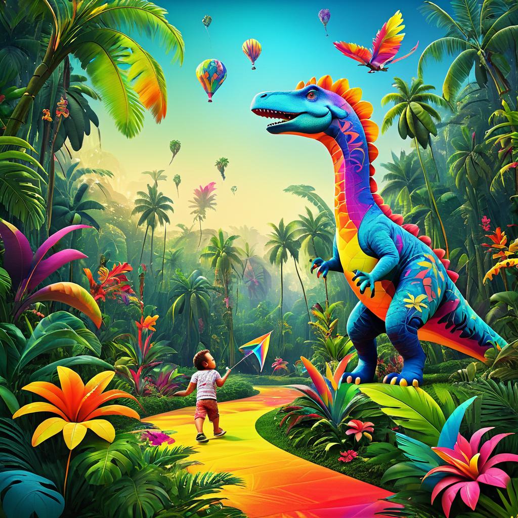 Whimsical Dinosaur in Colorful Jungle