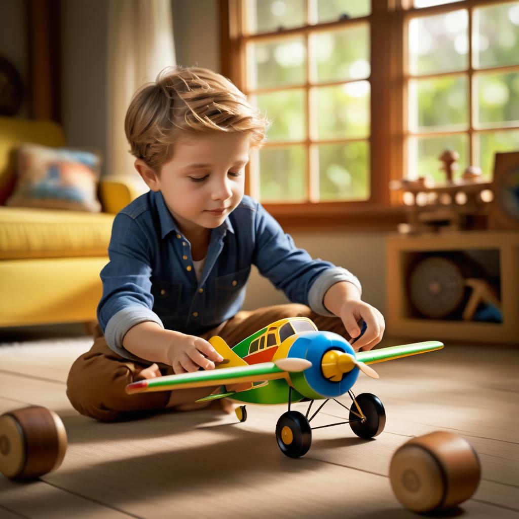 Cinematic Joy: Boy with Wooden Airplane