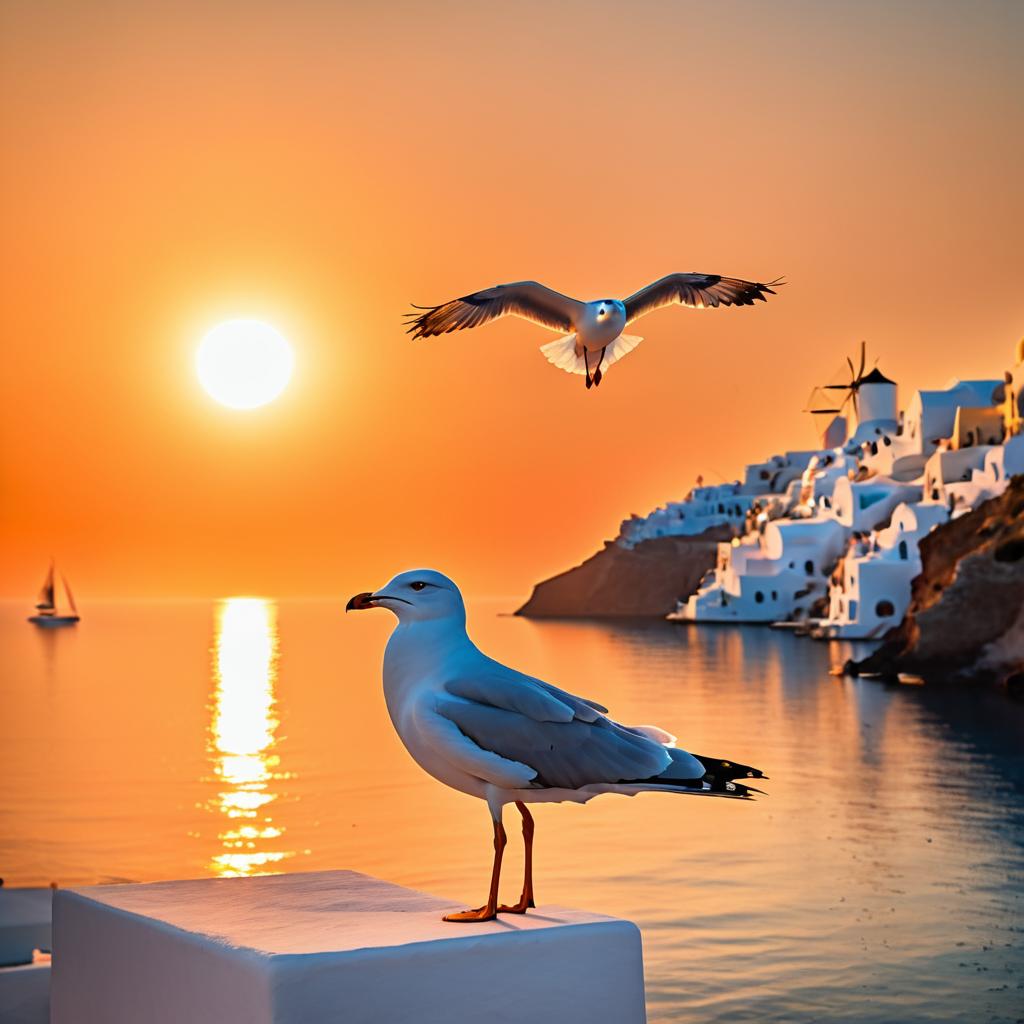 Dramatic Sunset with Seagull in Santorini