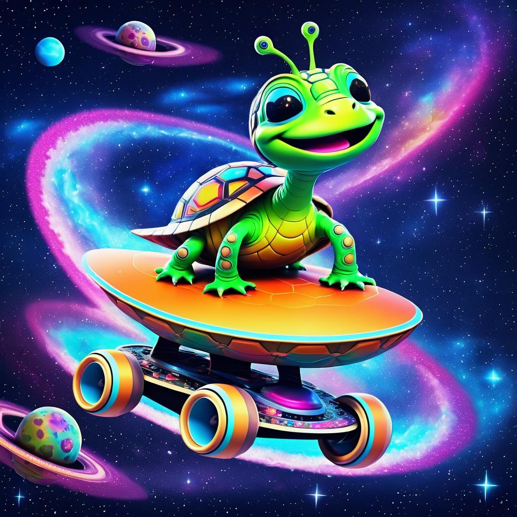 Joyful Alien Tortoise Skateboarding in Space