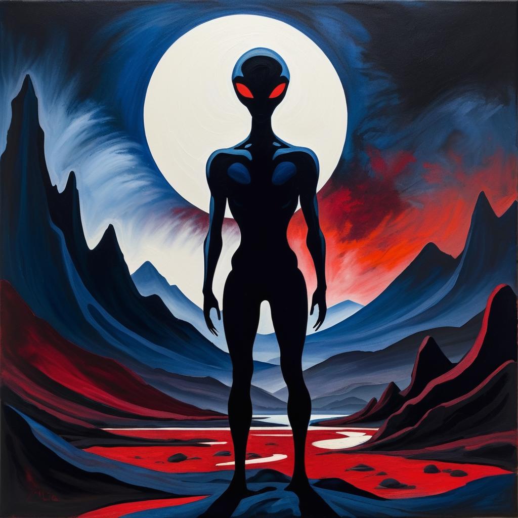 Alien Silhouette in Expressionist Landscape