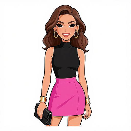 Digital drawing of a smiling woman with wavy brown hair, wearing a black sleeveless top, pink skirt, gold hoop earrings, and bracelets, holding