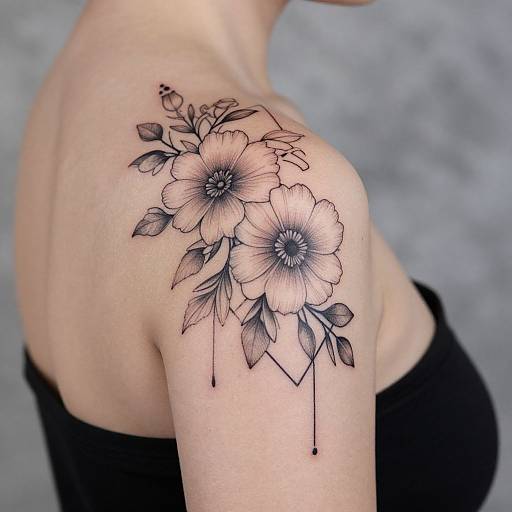 Black ink floral tattoo on a woman's shoulder, featuring large flowers with detailed petals and leaves, with droplet accents, against a blurred gray background.