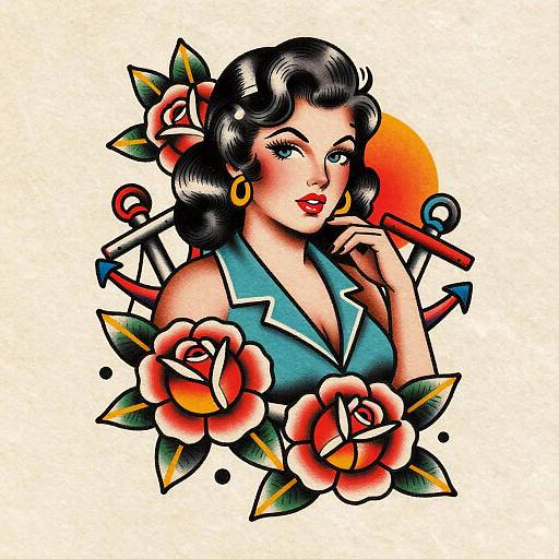 Vintage-style digital tattoo of a curvy woman with black hair, red roses, blue top, gold earrings, and anchor behind her.