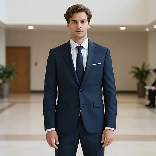 Photograph of a handsome, clean-shaven man with brown hair in a dark navy suit, white shirt, and black tie, standing in a modern