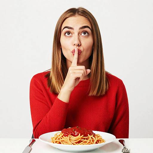Photograph of a woman with straight brown hair, red sweater, and wide eyes, shushing finger to lips, in front of a plate of spaghetti