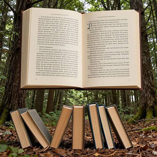 Photograph of an open book floating above seven leaning books in a dense forest, sunlight filtering through trees, brown forest floor with scattered leaves.