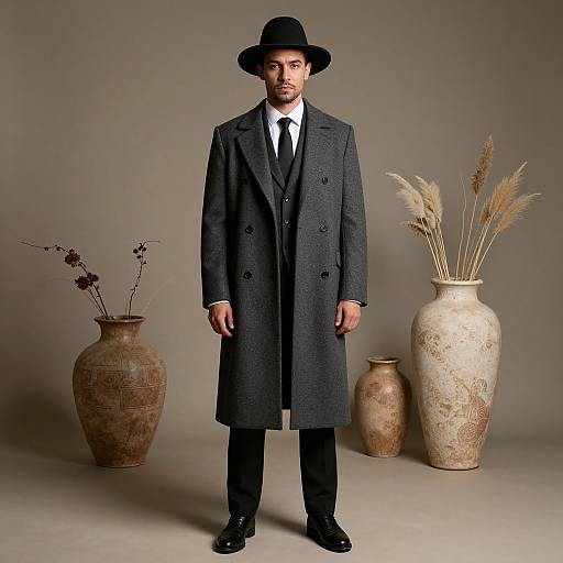 Photograph of a man with dark skin, black hat, white shirt, black tie, and long gray overcoat, standing between two large, orn