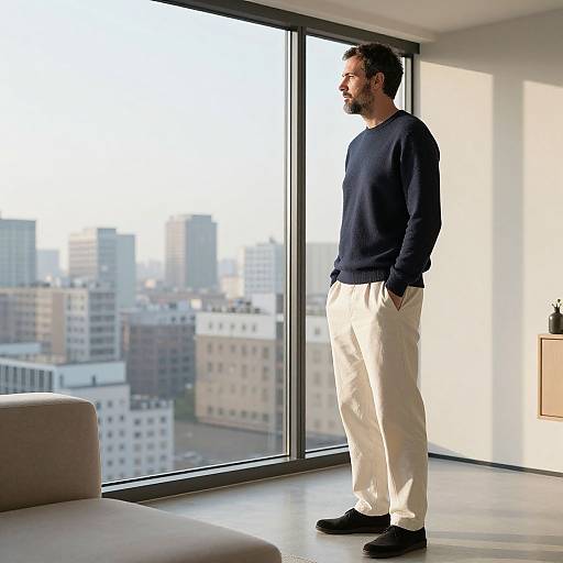 Tall Man in Minimalist Living Room