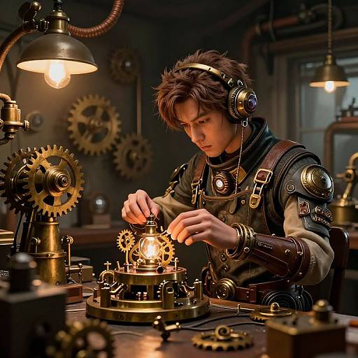 Steampunk Inventor in Cluttered Workshop