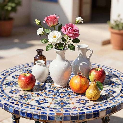Ornamental Mosaic Table with Vases, Flowers and Fruits
