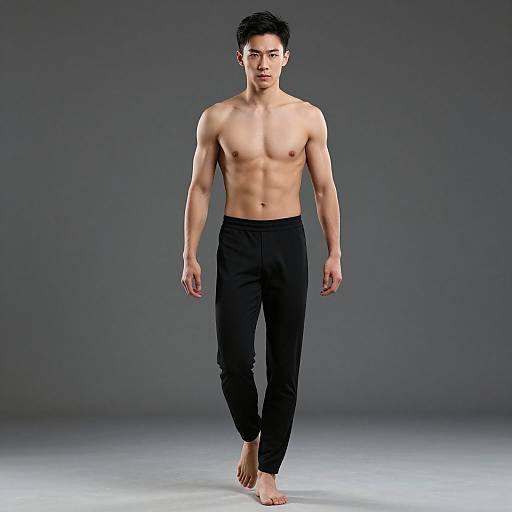Photograph of a toned, young Asian man with short black hair, bare-chested, wearing black pants, walking barefoot on a grey background.