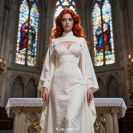 Photograph of a red-haired woman in a white, long-sleeved, V-neck dress standing in front of colorful stained glass windows in a Gothic