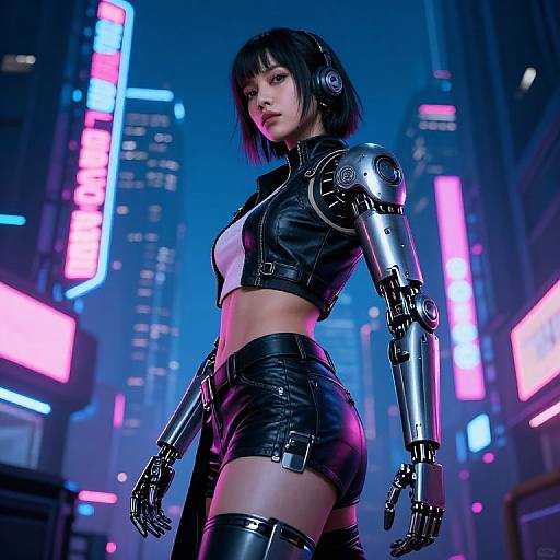 Cyberpunk-style digital artwork of a black-haired woman with robotic arms, wearing a black leather crop top and shorts, standing in a neon-lit