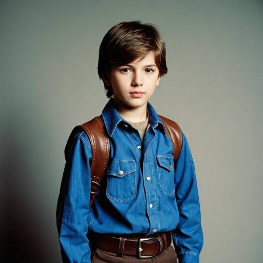 Young Boy in Blue Denim Shirt and Brown Backpack