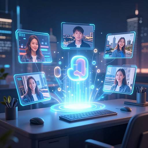 Photorealistic CGI: Glowing digital portraits of four smiling Asian individuals hover above a futuristic computer keyboard, set in a night-lit office with city