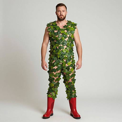 Photograph of a bearded man with short brown hair, wearing a leaf-covered bodysuit and red boots, standing against a white background.