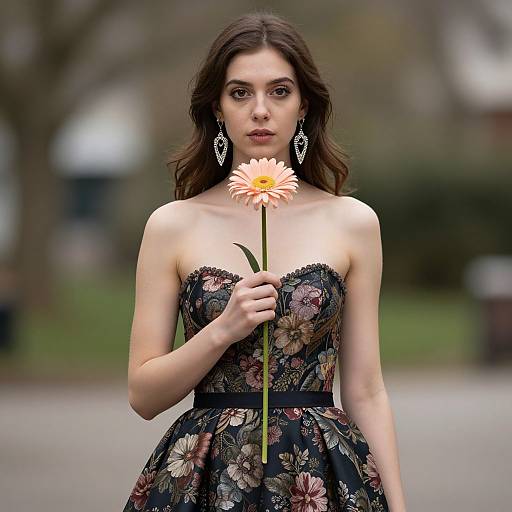 Photograph of a young woman with long brown hair, wearing a black floral strapless dress, holding a pink daisy, standing in a blurred park