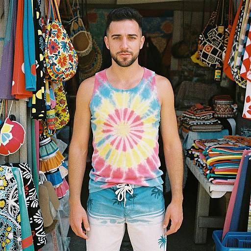 Photograph of a bearded man with short dark hair, wearing a tie-dye tank top and blue shorts, standing in a colorful, vibrant market