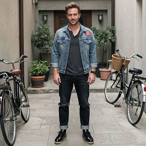 Photograph of a bearded man with short brown hair, wearing a denim jacket, black t-shirt, ripped jeans, and black shoes, standing between