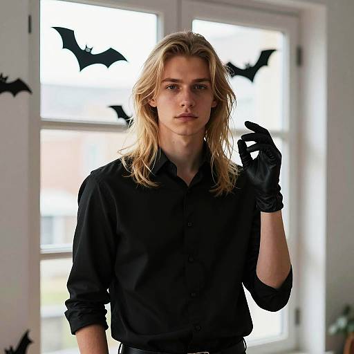 Young Man in Black Shirt with Halloween Bat Decorations