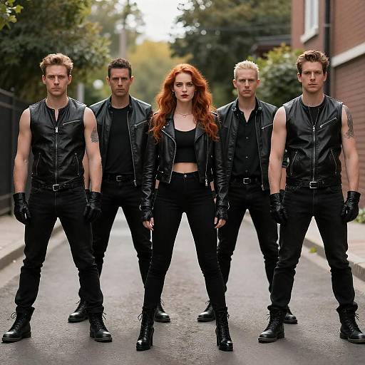 Leather-Clad Group on Tree-Lined Street