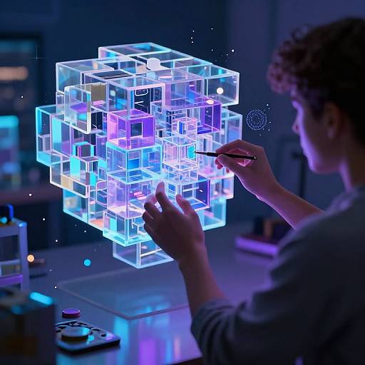Photograph of a person with curly hair creating glowing, neon blue and purple 3D cube structures in a dark, futuristic laboratory.