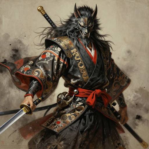 Digital painting of a fierce, black-furred, wolf-headed samurai in ornate, dark kimono with red sash, holding a sword,