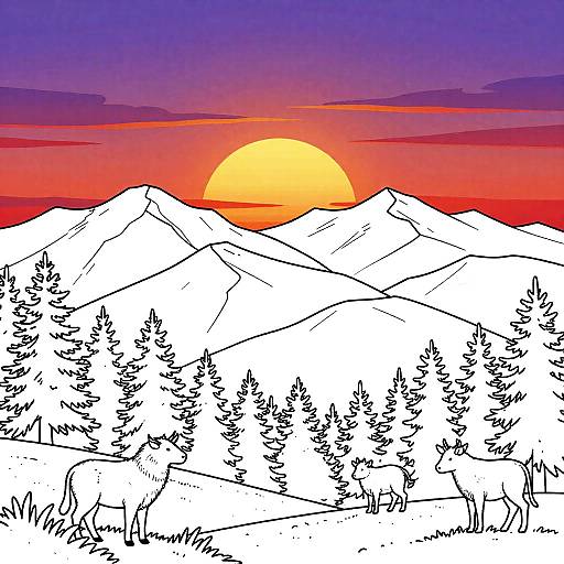 Digital drawing of a sunset over snow-capped mountains with a vibrant orange sun, purple and red sky, and black outlined trees in the foreground.