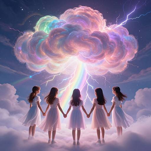 Four girls in white dresses hold hands, facing radiant, lightning-filled cloud in a dreamy, celestial sky, standing on fluffy clouds. Digital art.