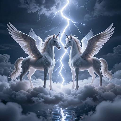 Digital artwork of two white winged unicorns standing on clouds with lightning bolt in stormy sky, reflecting in water below.