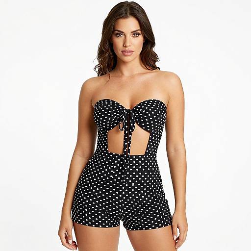 Photograph of a brunette woman with wavy hair, wearing a black polka dot, strapless, cut-out romper, standing against a white