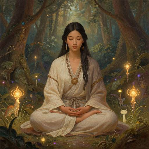 Digital painting of a serene Asian woman with long black hair, wearing a white robe, meditating in a magical forest surrounded by glowing candles and fireflies