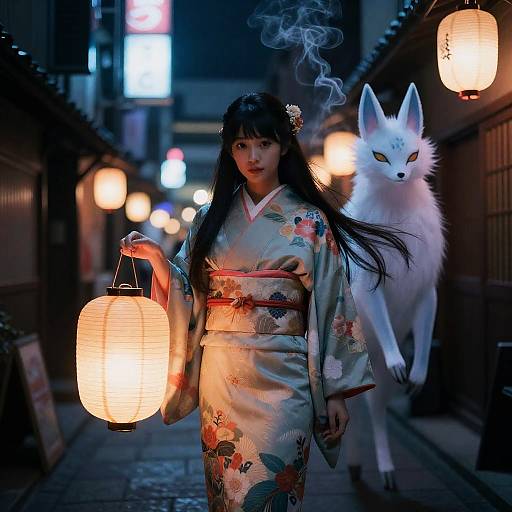 Neon Lantern Kitsune: Midnight Kimono Maiden