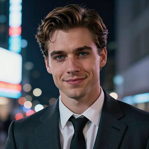 Photograph of a handsome, blue-eyed man with neatly styled brown hair, wearing a black suit, white shirt, and black tie, smiling slightly in