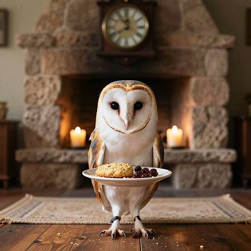 Barn Owl Holding Plate in Rustic Room