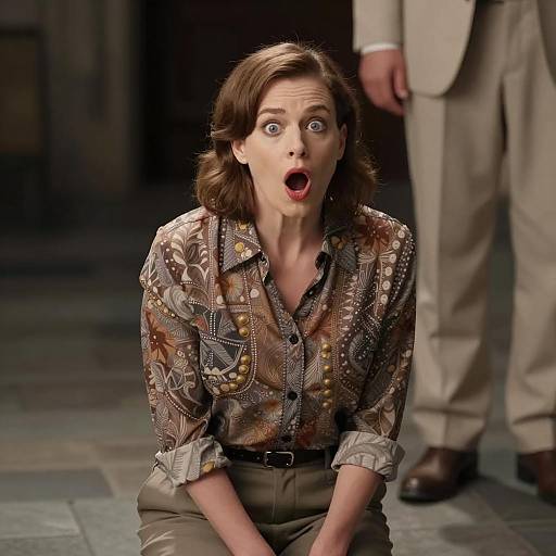 Surprised Woman Kneeling on Stone Floor