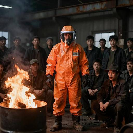 Intense Scene in Dimly Lit Warehouse