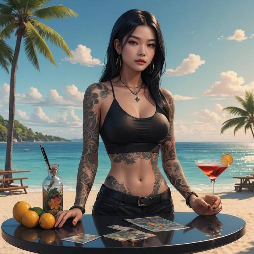 Tattooed Woman with Martini on Tropical Beach
