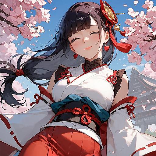 Happy Girl in Cherry Blossom Garden