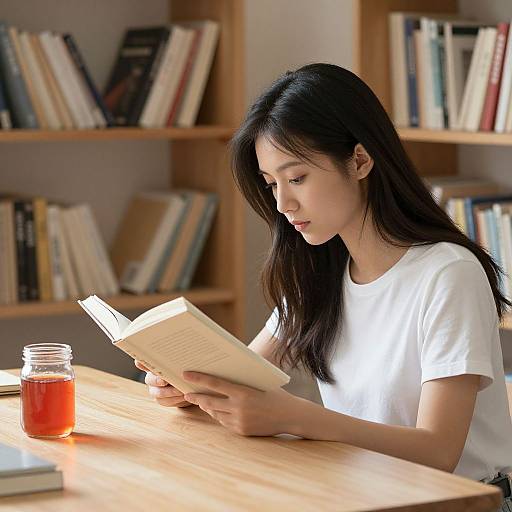 Photograph of an Asian woman with long black hair, wearing a white t-shirt, reading a book at a wooden table with a jar of red juice
