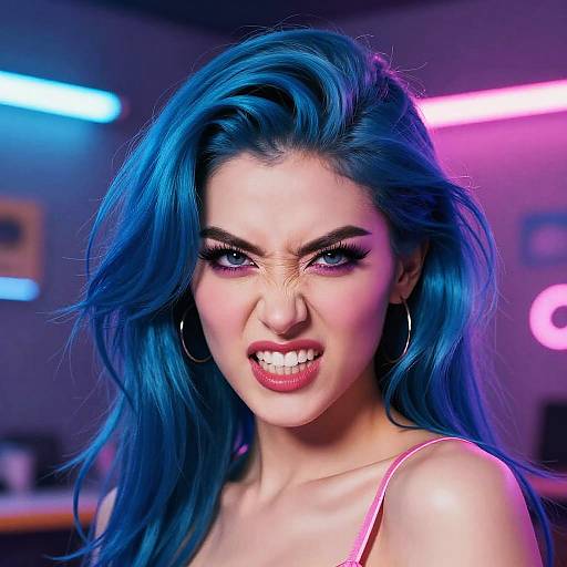 Neon Portrait of Fierce Blue-Haired Woman