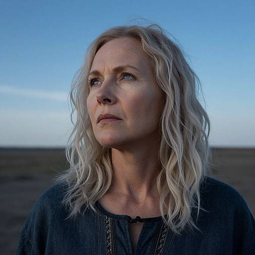 Photograph of a middle-aged, white woman with wavy, shoulder-length blonde hair, wearing a dark, textured top, gazing thoughtfully into