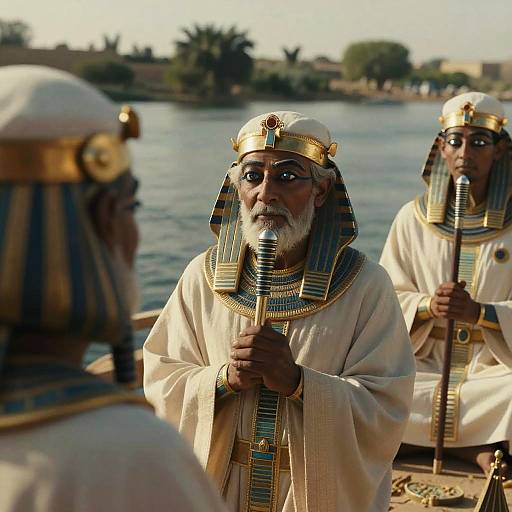 Photograph of three elderly, bearded Egyptian priests in white robes and striped headdresses, holding canes, on a riverboat with a lush,
