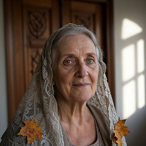 Photograph of an elderly woman with gray hair, green eyes, and lace headscarf, wearing a brown top with autumn leaves, in front of