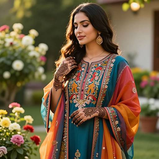 Photograph of a beautiful South Asian woman with long dark hair, wearing an ornate blue and orange traditional outfit, adorned with intricate gold embroidery, standing