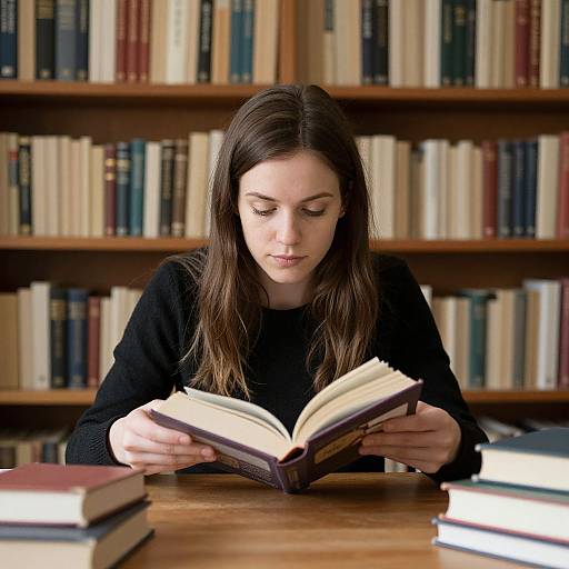 Photograph of a young woman with long brown hair, wearing a black sweater, reading a book at a wooden table in a library with shelves of books