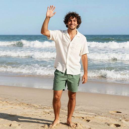 Photograph of a smiling, curly-haired man in a white shirt and green shorts, waving at the camera on a sunny beach with waves in the background